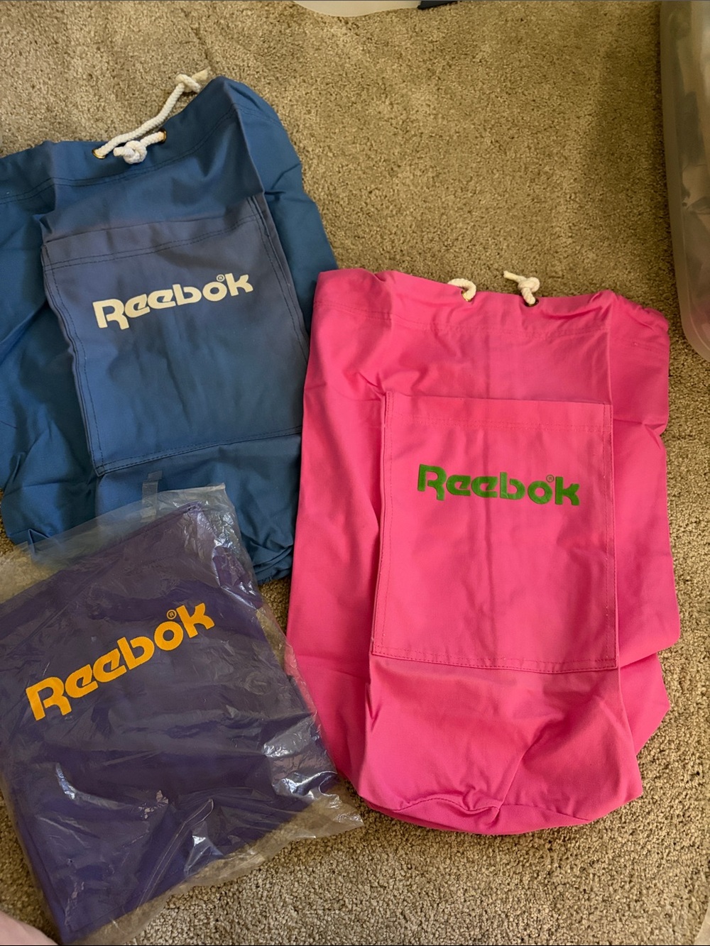 Reebok Pink Tote with Green Logo & Blue Reebok Drawstring Shoulder Bag
